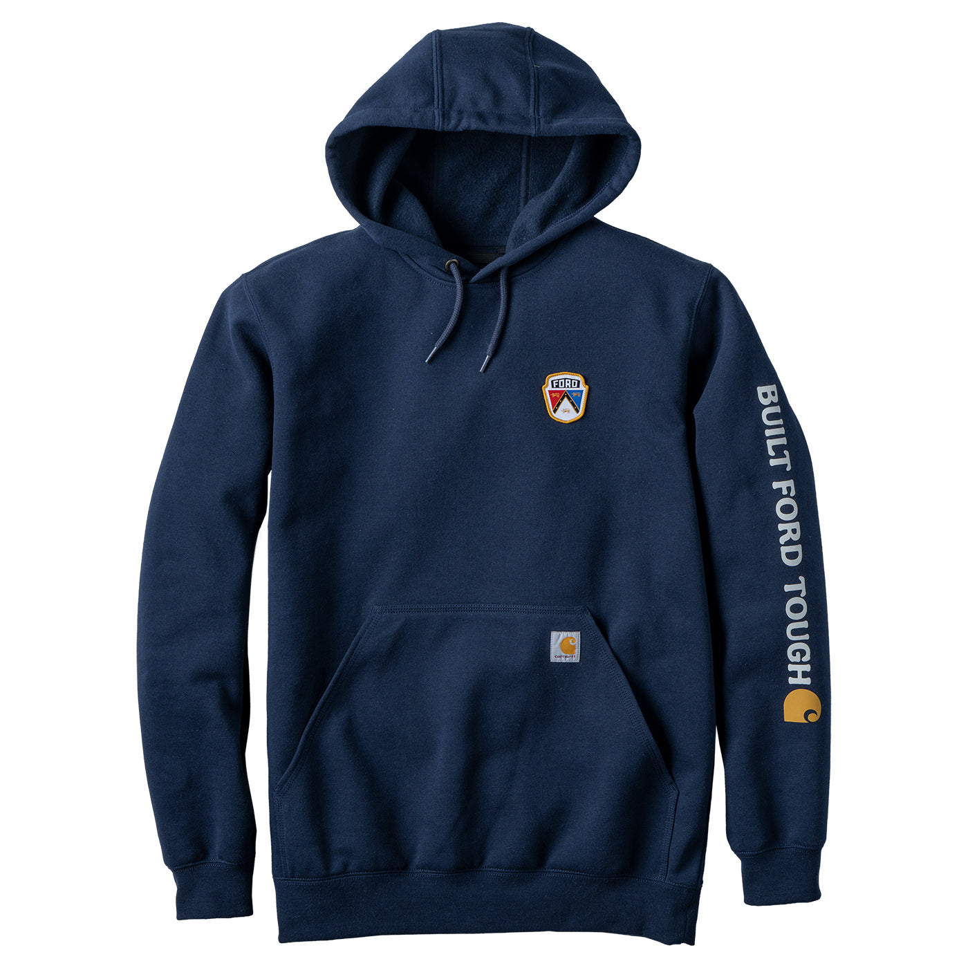 A navy blue hooded sweatshirt with a drawstring hood, kangaroo pocket, a small shield logo on the left chest, and 'BUILT FORD TOUGH' printed vertically in white along the right sleeve, shown on a plain white background.